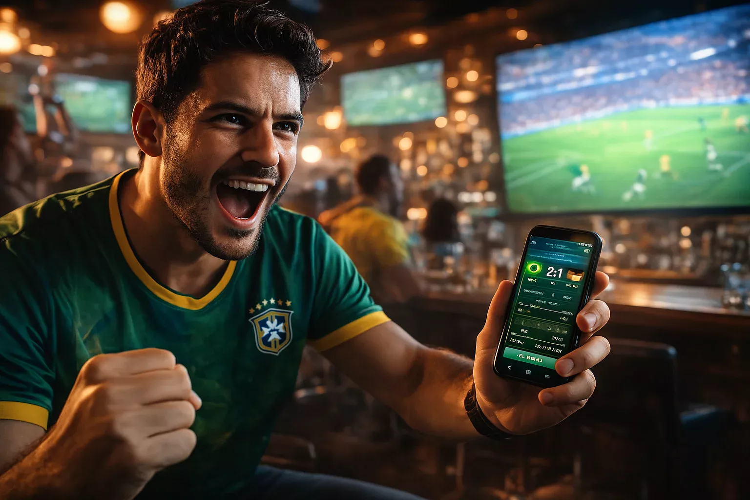 Homem brasileiro animado assistindo partida de futebol e fazendo apostas ao vivo no smartphone em bar esportivo