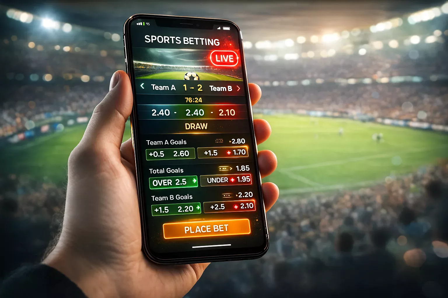 Smartphone mostrando interface de apostas ao vivo com odds dinâmicas e indicador de partida em andamento