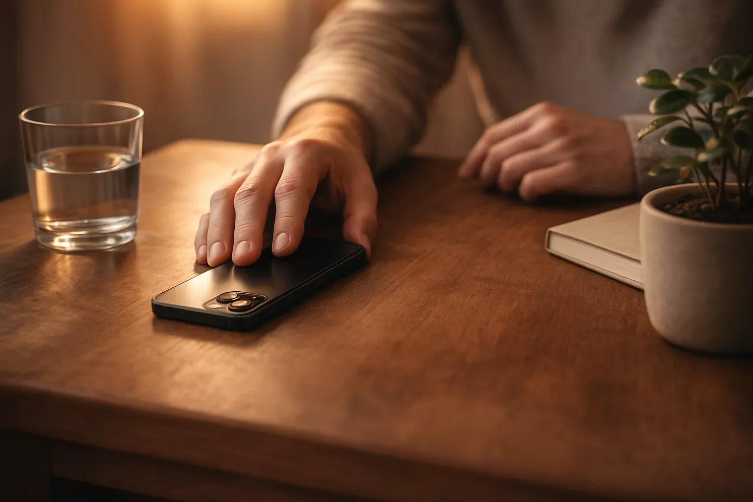 Mãos colocando smartphone virado para baixo na mesa simbolizando pausa consciente das apostas