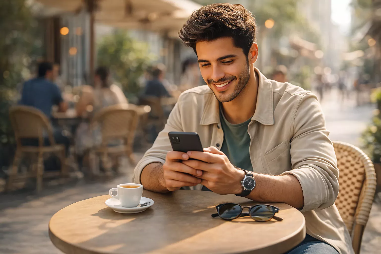 Homem brasileiro jovem usando aplicativo de apostas no smartphone em terraço de café ao ar livre