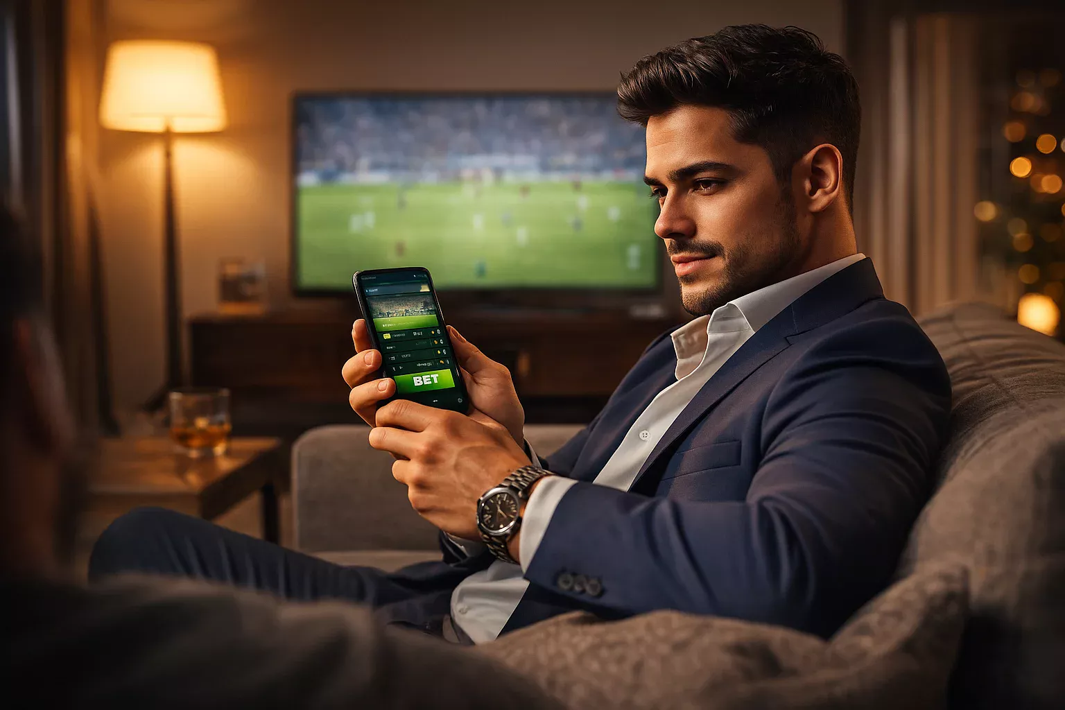 Homem brasileiro confiante usando smartphone para controlar apostas com função Cash Out na sala de estar