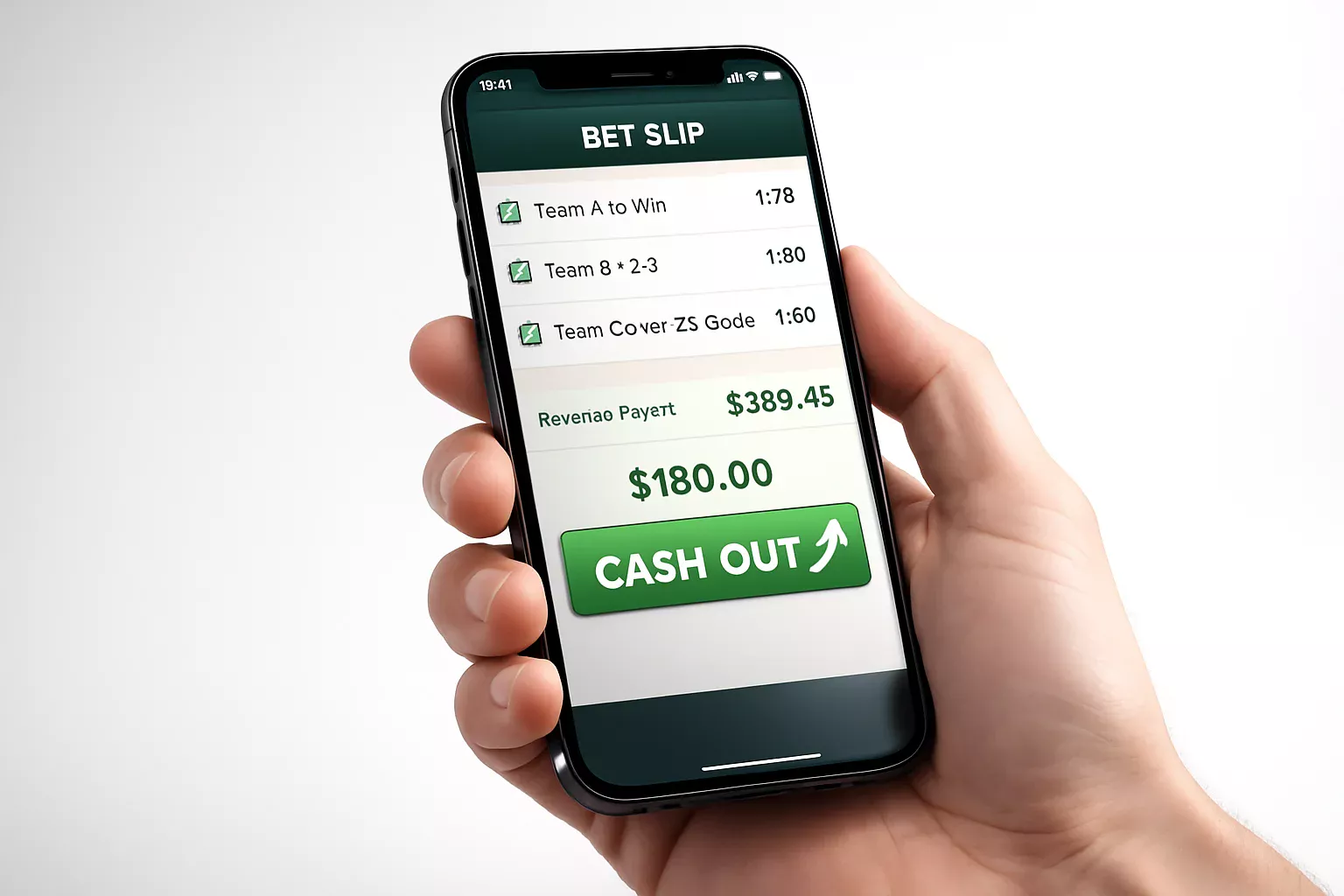 Smartphone exibindo interface de apostas com botão de Cash Out destacado e indicador de lucro
