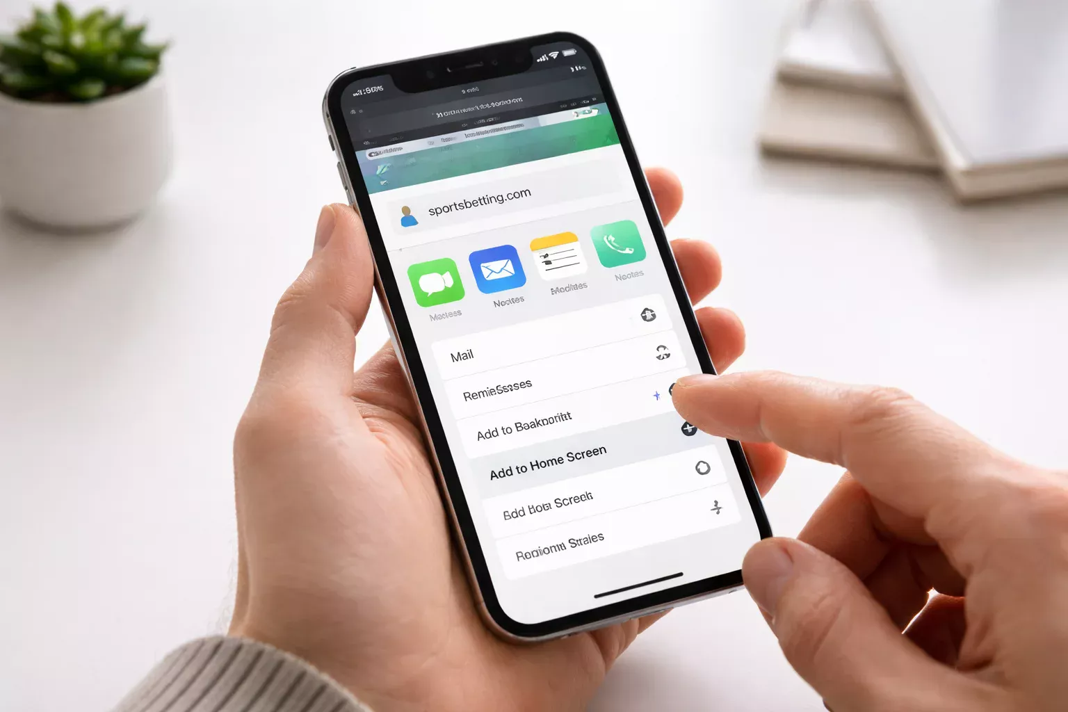 Mãos configurando atalho do Sportingbet na tela inicial do iPhone pelo menu de compartilhamento do Safari