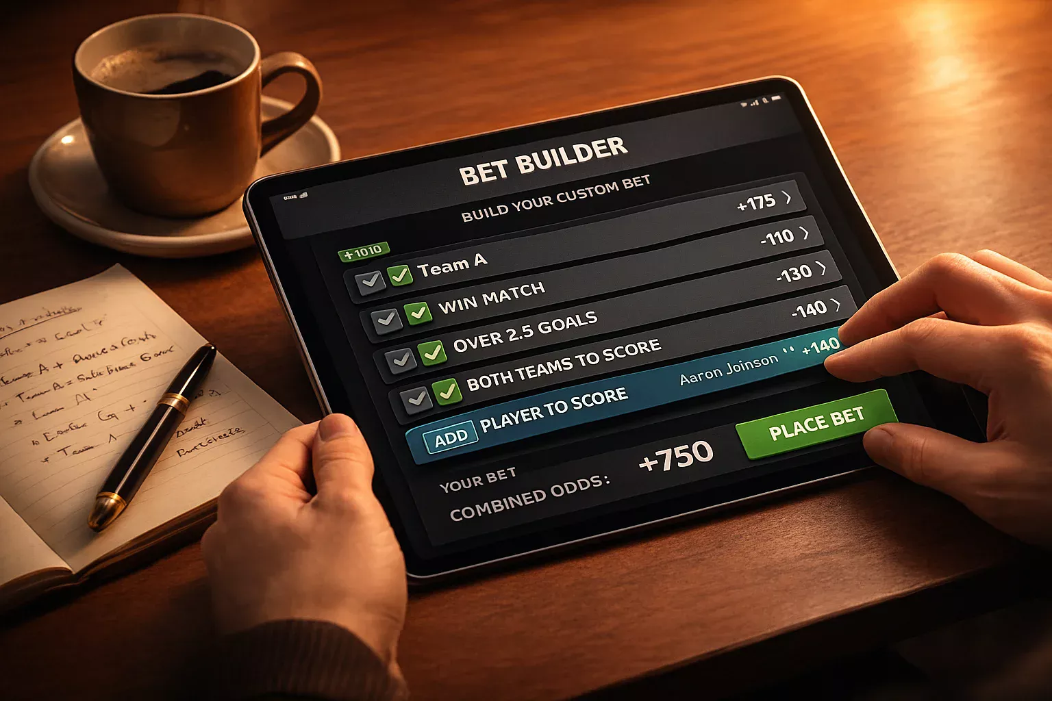 Mãos interagindo com tablet construindo aposta personalizada com múltiplas seleções na interface Criar Aposta