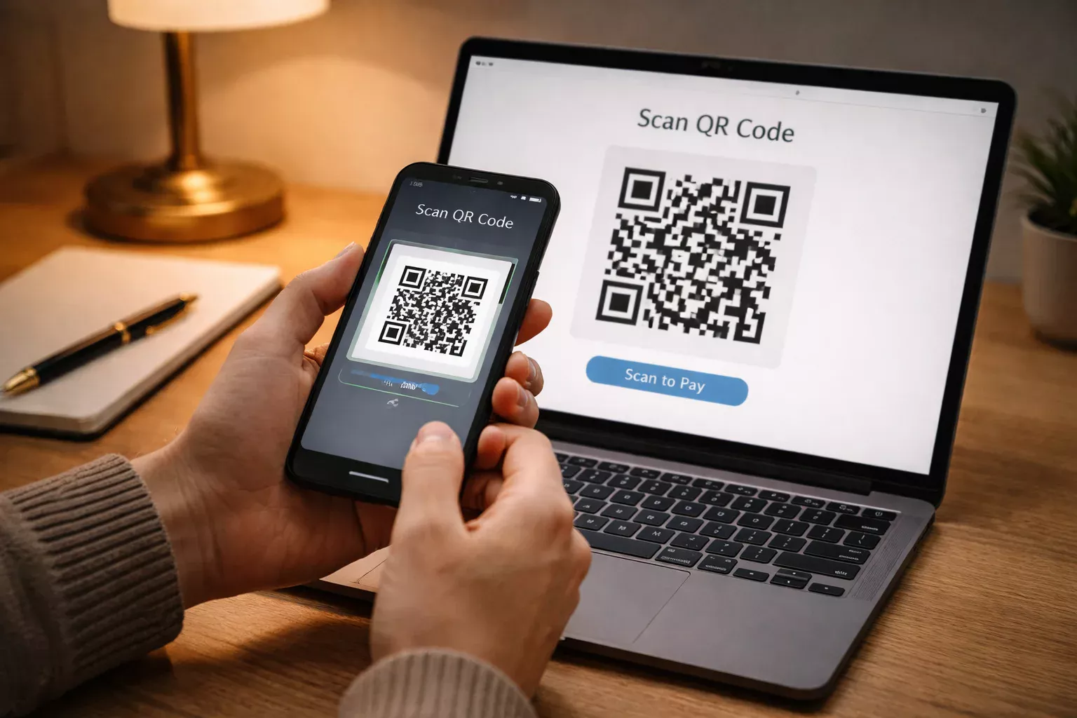 Mãos escaneando QR Code com smartphone para fazer depósito via Pix