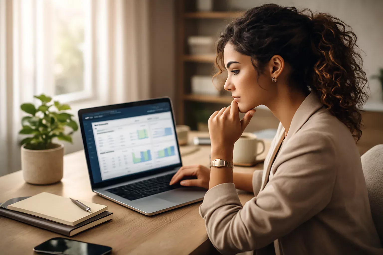 Mulher brasileira pensativa analisando estratégias de apostas no laptop em escritório doméstico moderno
