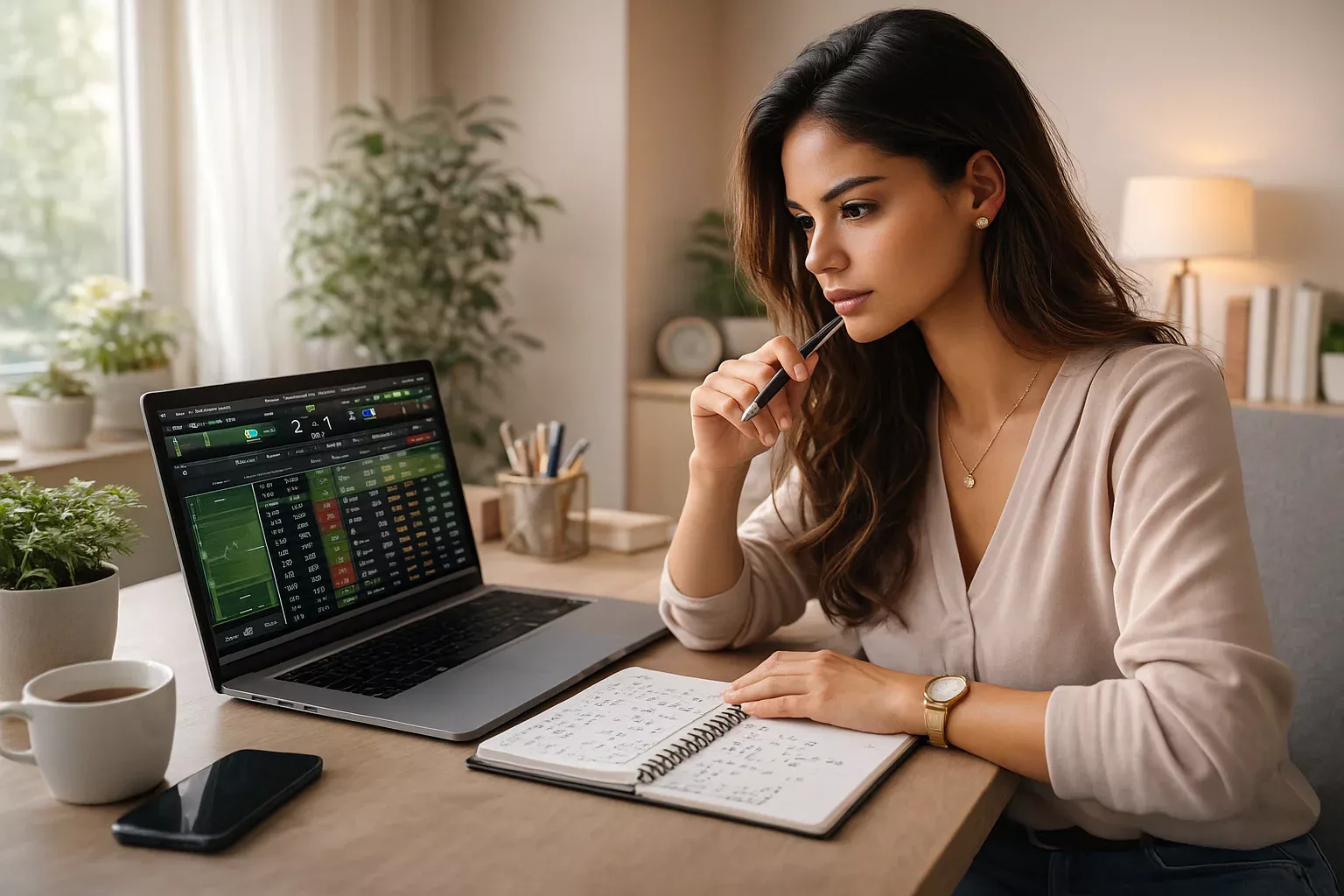 Mulher brasileira concentrada analisando dados esportivos no laptop com caderno de anotações em escritório doméstico