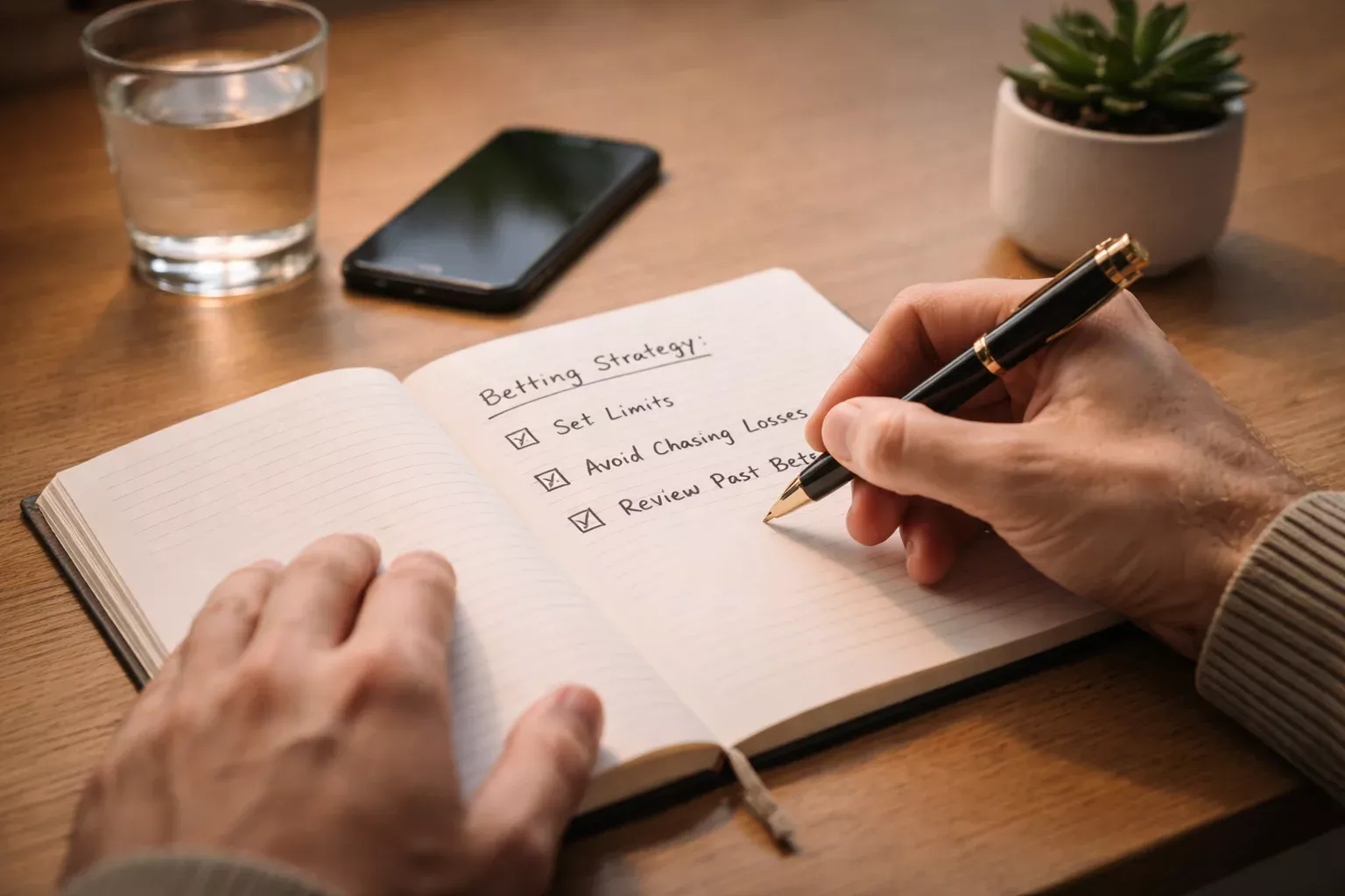 Mãos escrevendo checklist de estratégia em caderno com smartphone virado para baixo simbolizando disciplina nas apostas