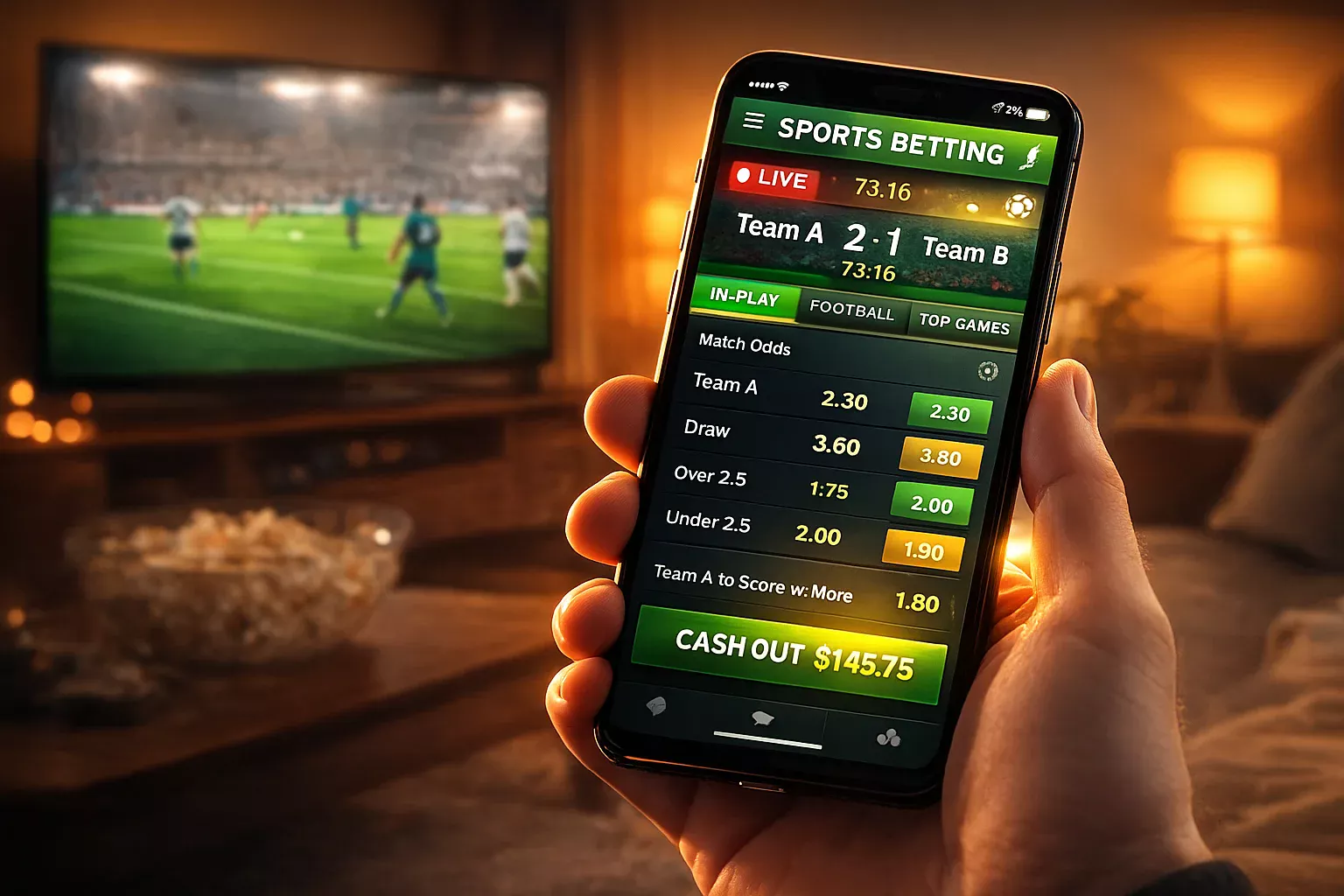 Smartphone mostrando interface de apostas ao vivo com funcionalidade Cash Out e partida de futebol na TV ao fundo