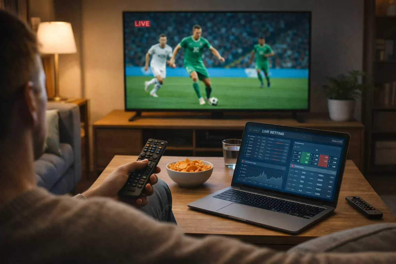 Pessoa assistindo futebol na TV enquanto analisa estatísticas de apostas ao vivo no laptop em sala de estar