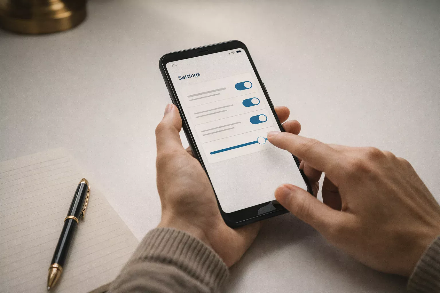 Mãos configurando controles de limites e autocontrole em aplicativo de smartphone para apostas responsáveis