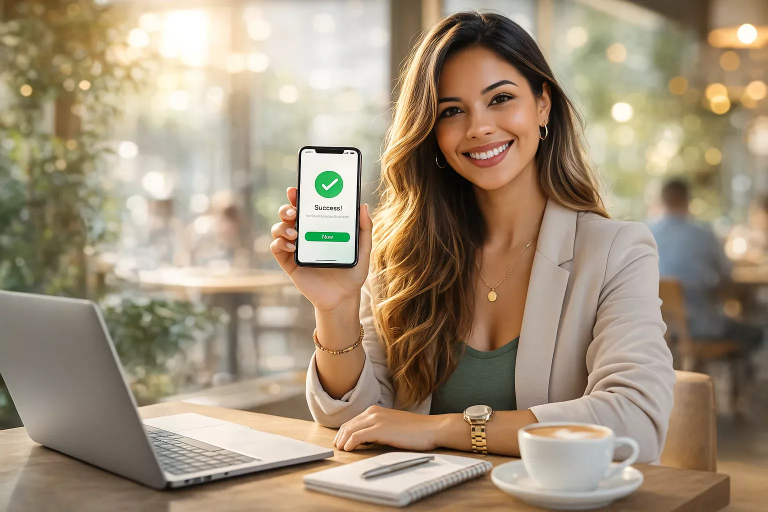 Mulher brasileira sorridente usando smartphone para transações Pix rápidas em café moderno