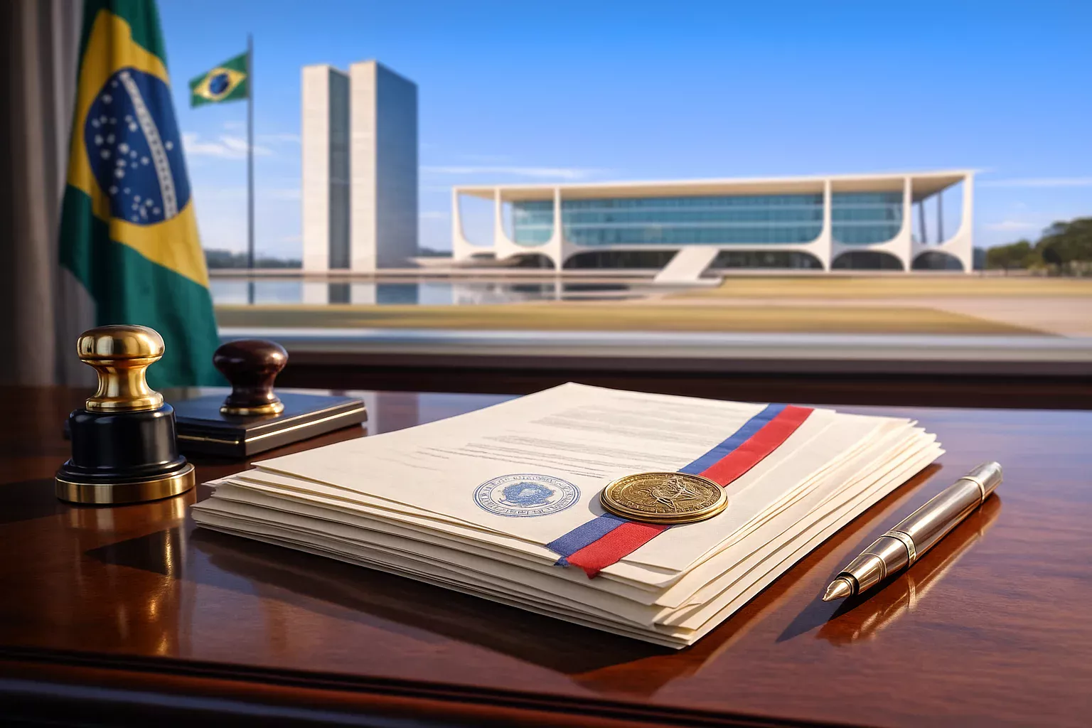 Edifício governamental em Brasília com documentos oficiais de regulamentação de apostas esportivas no Brasil