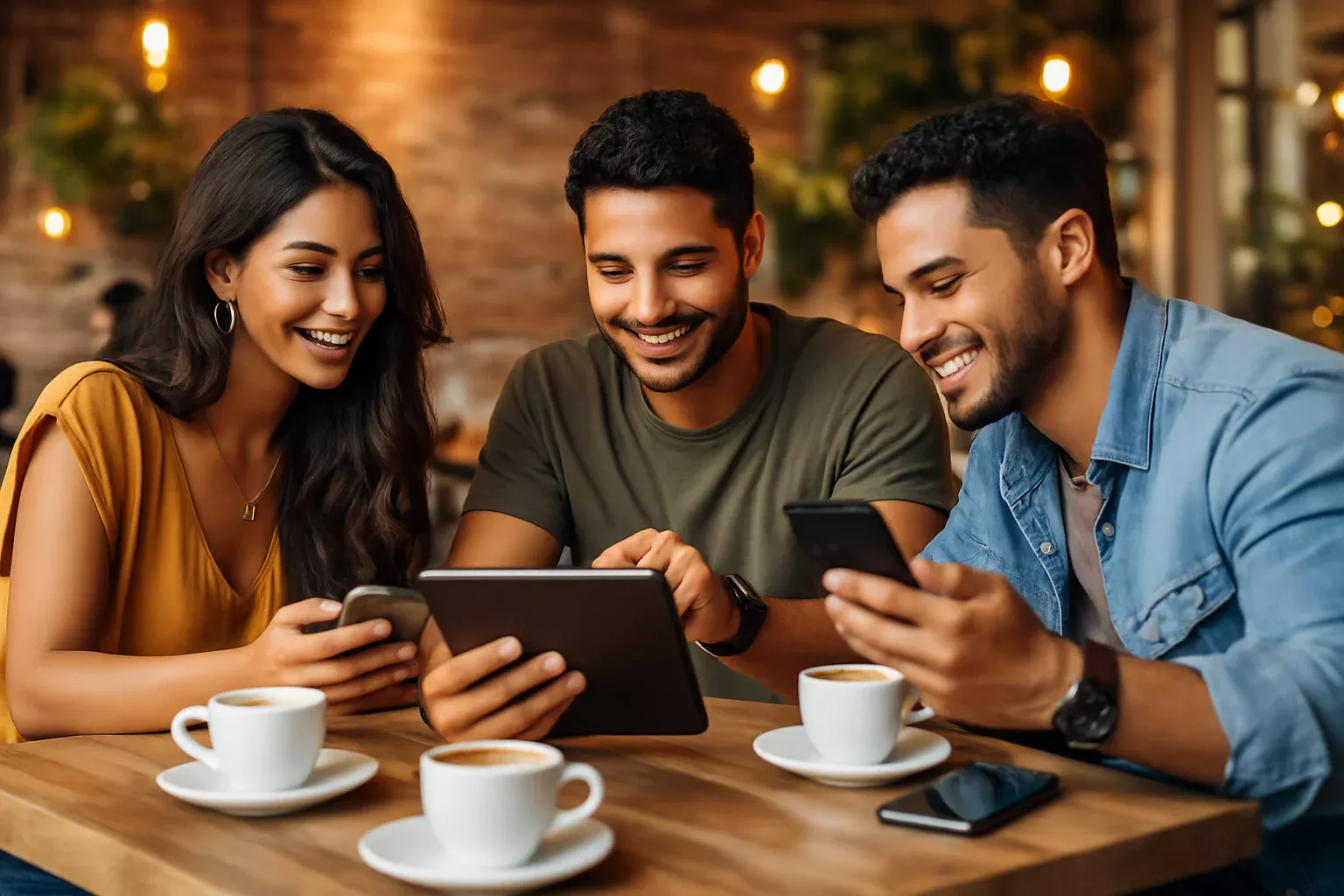 Grupo diverso de brasileiros satisfeitos discutindo experiências positivas com apostas esportivas em café moderno