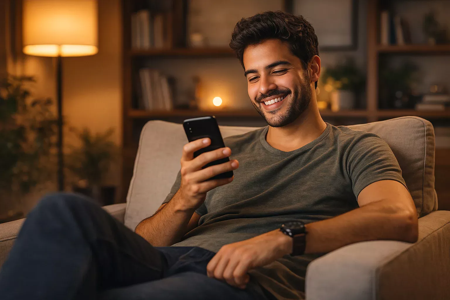Homem brasileiro feliz conferindo saque rápido de ganhos no smartphone em sala de estar