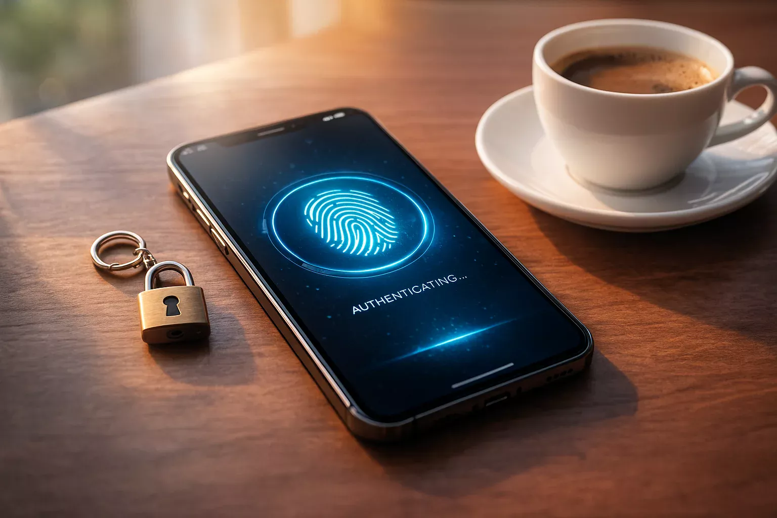 Smartphone com interface de autenticação biométrica por impressão digital e cadeado simbolizando segurança