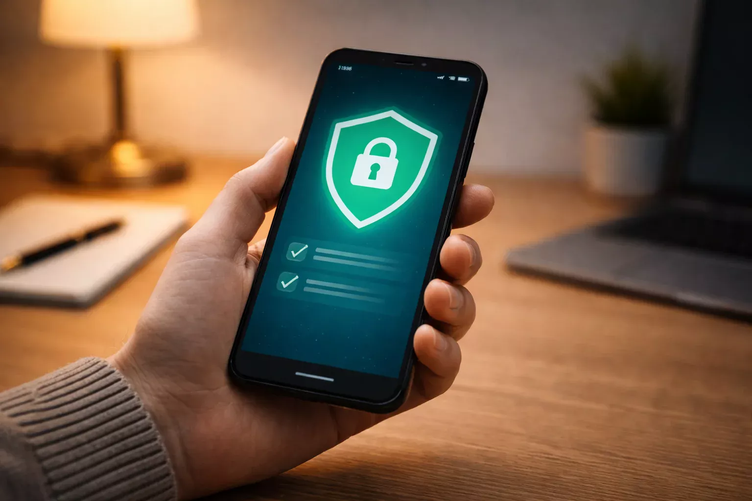 Smartphone com ícone de escudo de segurança simbolizando proteção nas transações financeiras via Pix