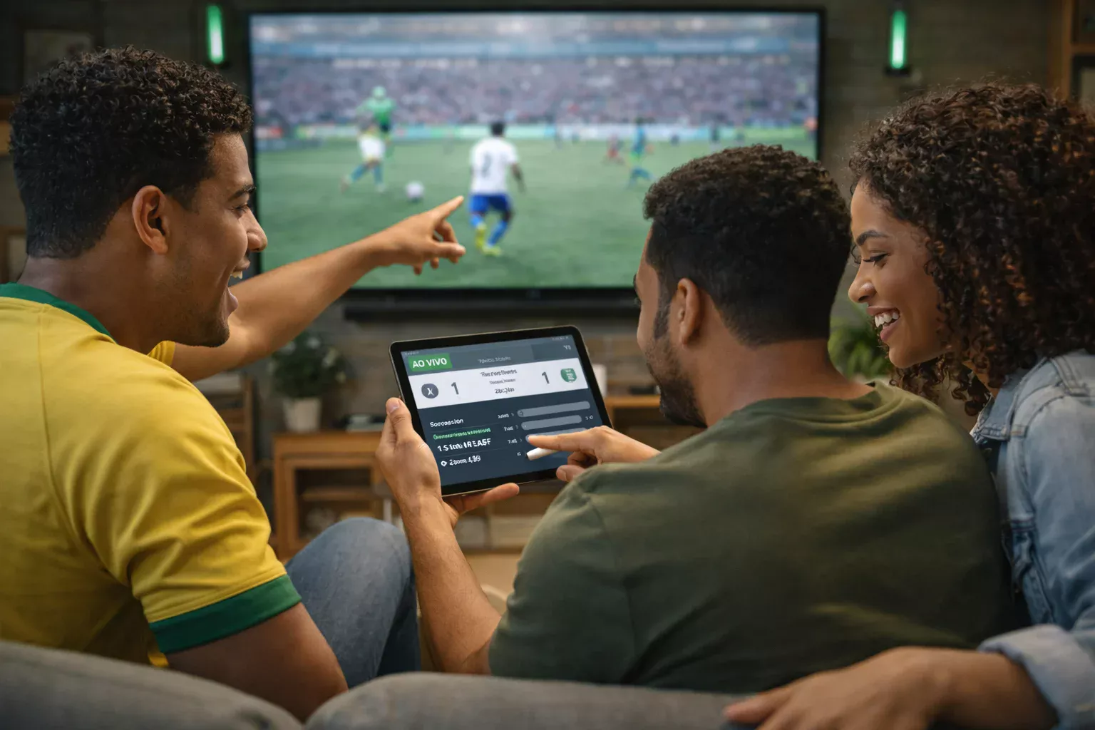 Grupo de amigos brasileiros animados assistindo partida de futebol ao vivo na TV enquanto um segura tablet com estatísticas em tempo real