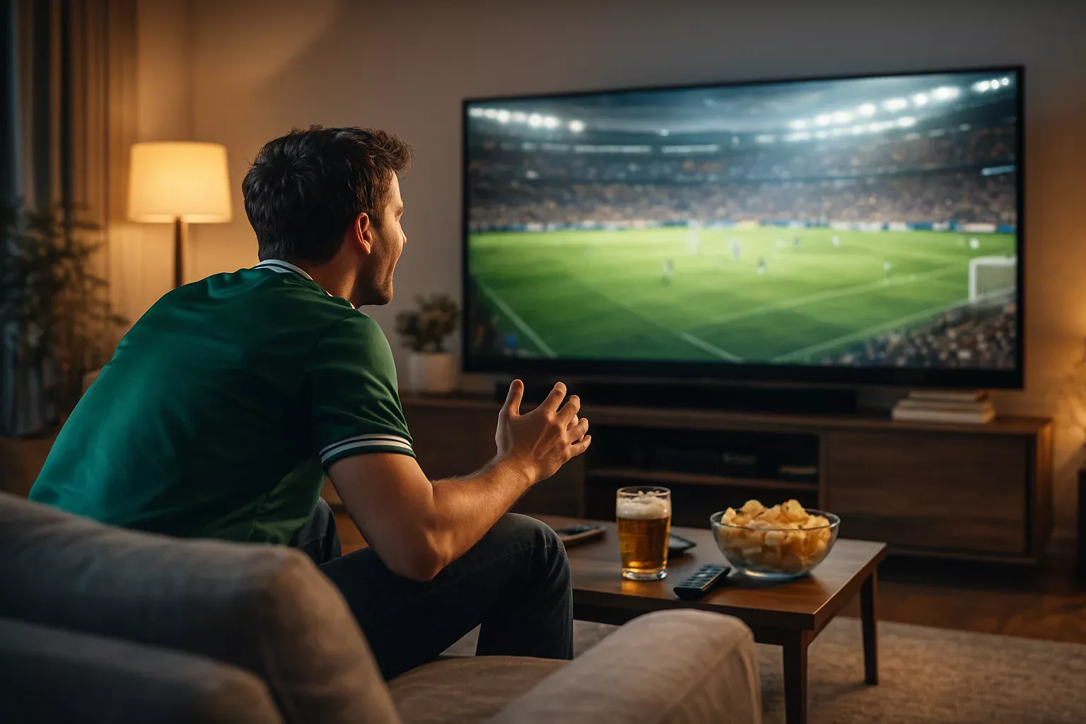 Torcedor brasileiro animado assistindo partida de futebol na TV em sala de estar moderna
