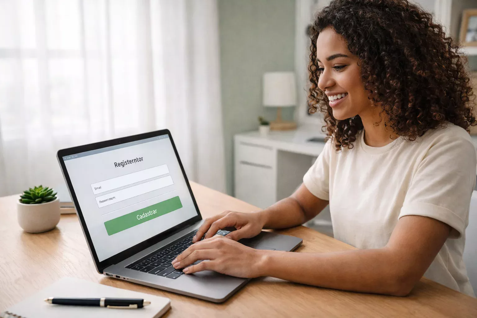 Mulher brasileira sorridente usando laptop para fazer cadastro em plataforma de apostas em home office moderno