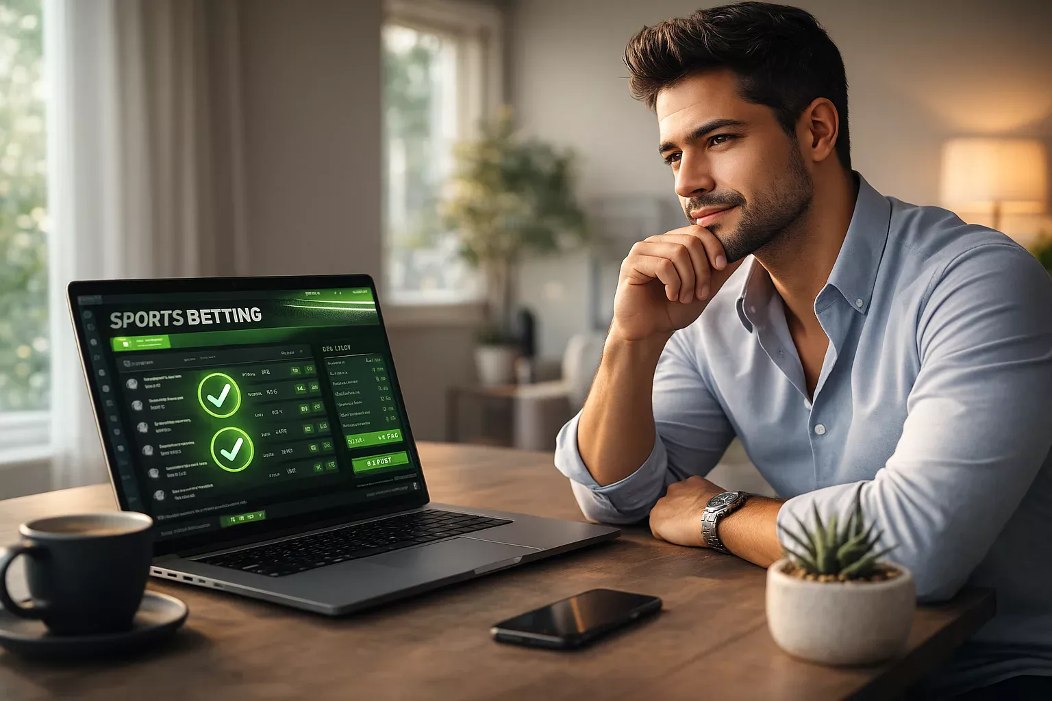 Homem brasileiro confiante verificando a segurança de apostas esportivas no laptop em escritório moderno