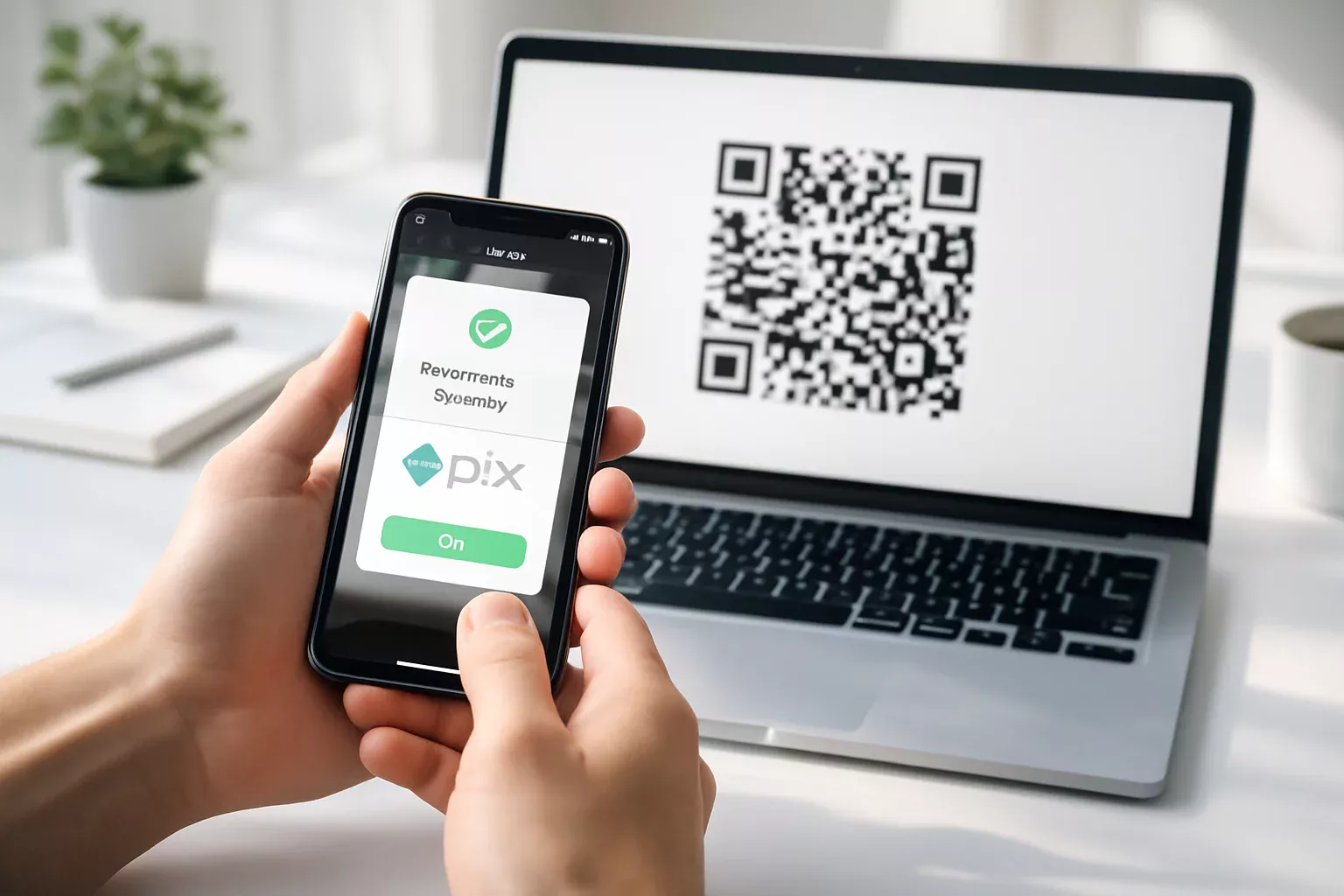 Mãos segurando smartphone escaneando QR code Pix exibido em tela de laptop para pagamento