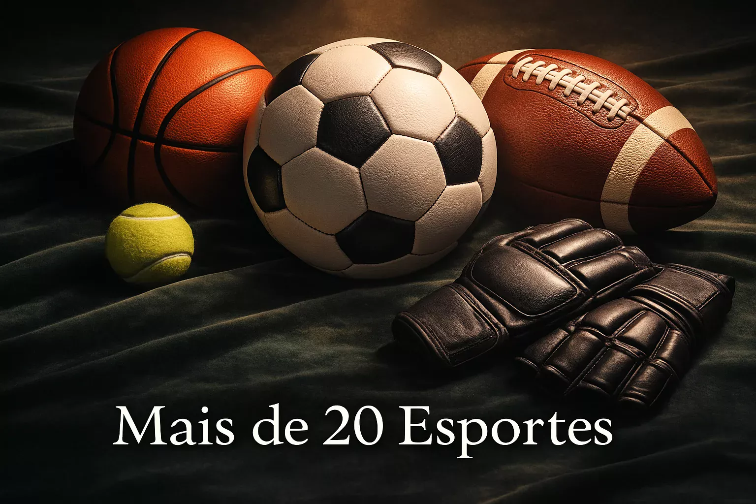 Composição artística de equipamentos esportivos incluindo bola de futebol, tênis, basquete e luvas de MMA sobre superfície verde