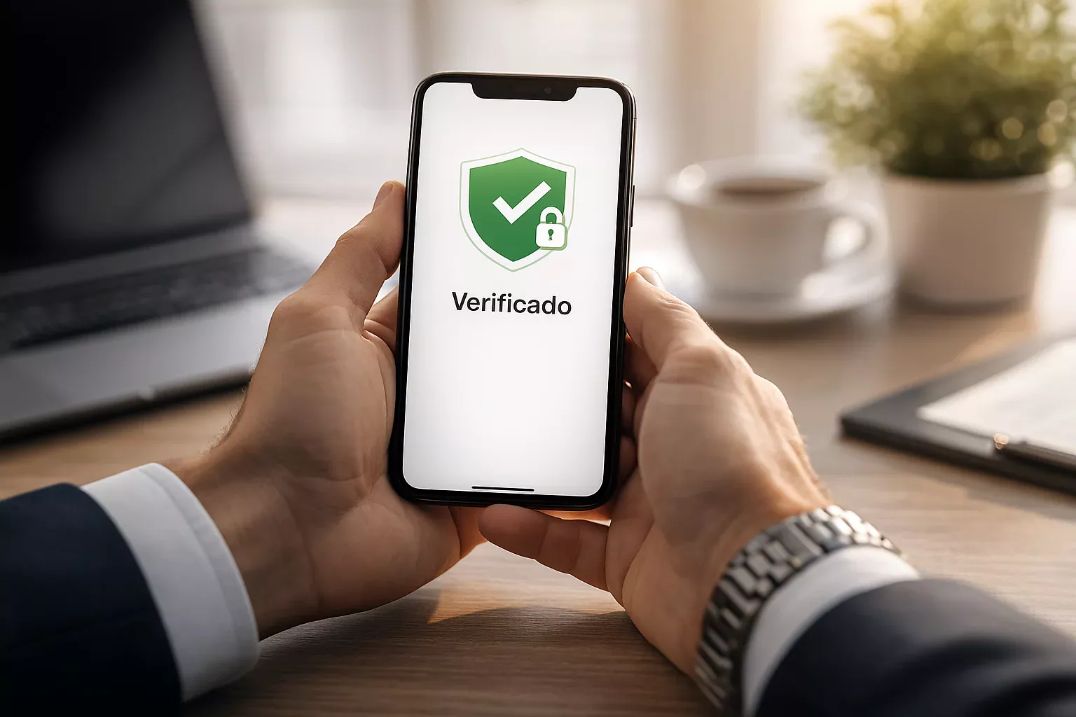 Mãos segurando smartphone com tela de verificação de segurança mostrando símbolo de cadeado e confirmação