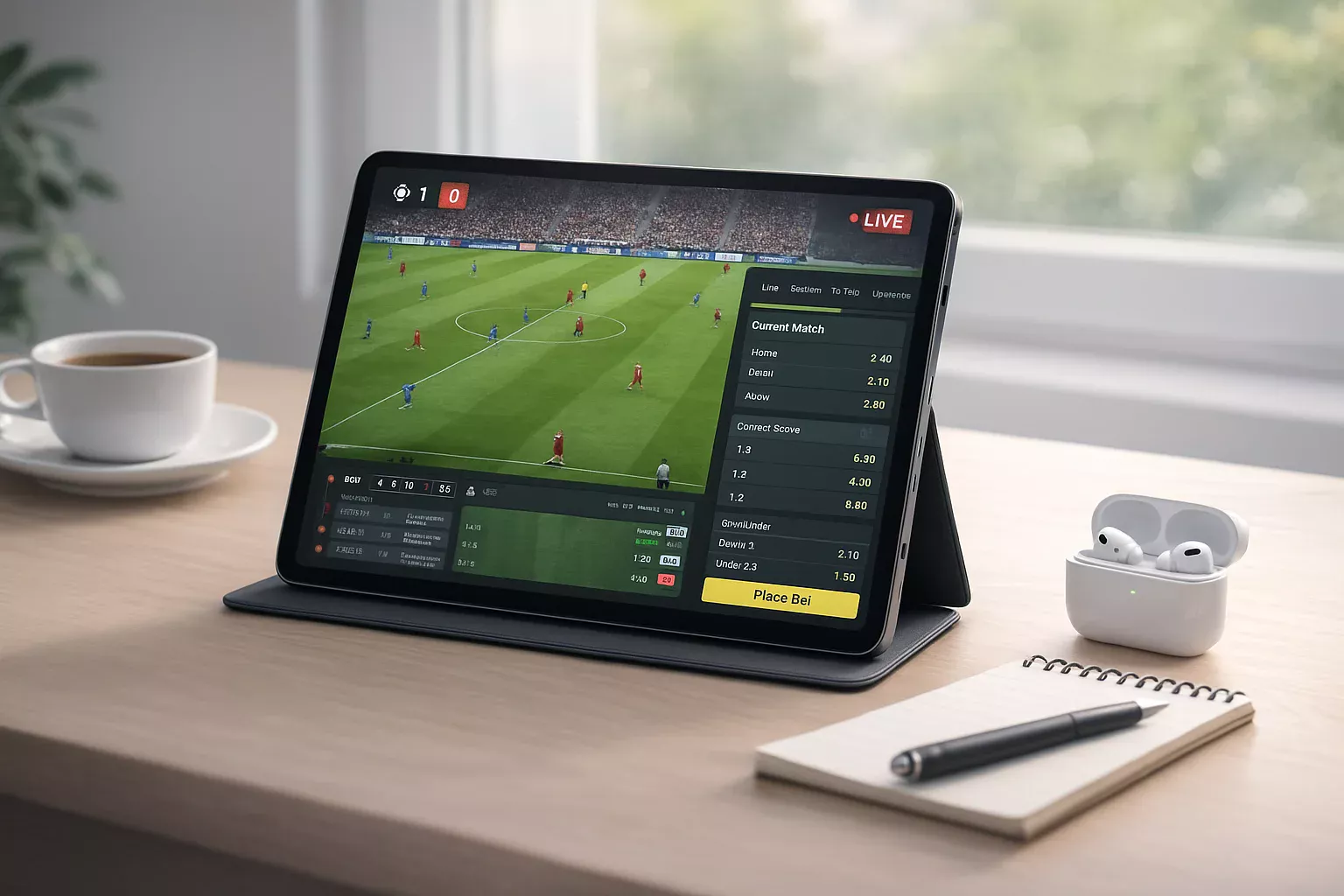 Tablet exibindo streaming de partida de futebol ao vivo em mesa organizada com café e fones de ouvido