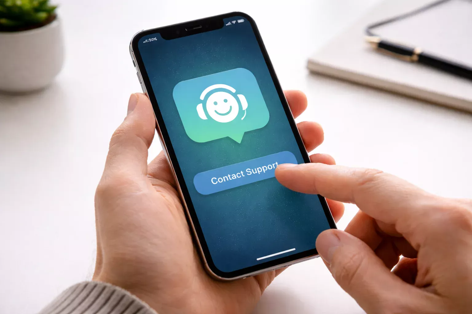 Mãos usando smartphone para acessar suporte ao cliente via chat no aplicativo Sportingbet