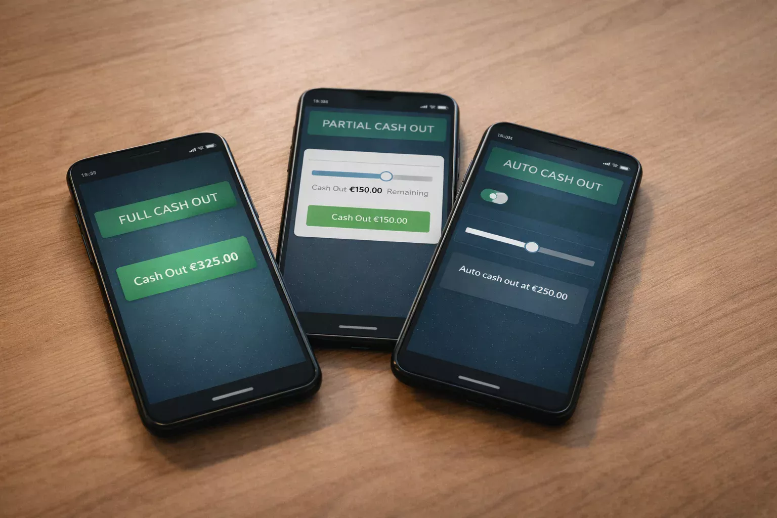 Três smartphones exibindo diferentes tipos de Cash Out: total, parcial e automático em mesa de madeira