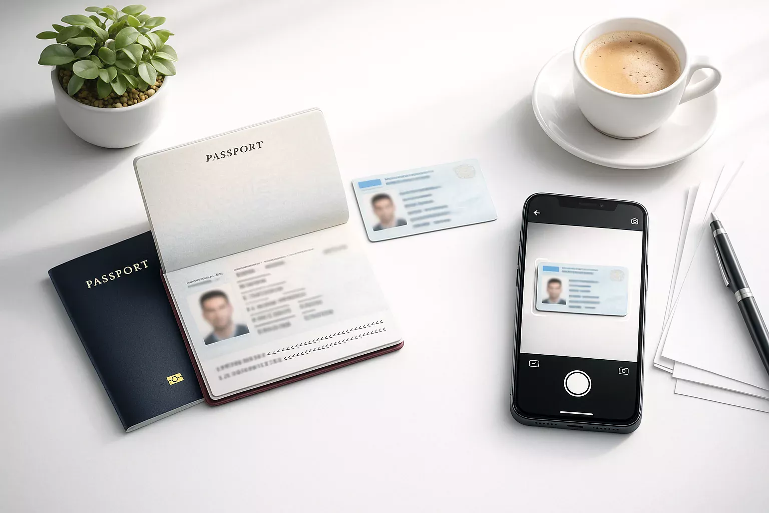 Documentos de identidade e smartphone para processo de verificação KYC em mesa organizada